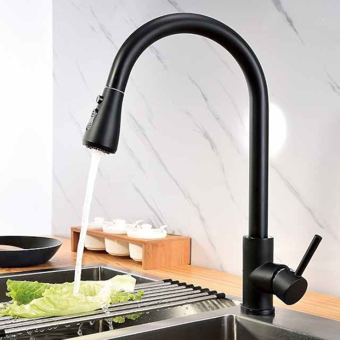 Kitchen Sink Mixer Faucet with Pull Out Sprayer Black, 360 Swivel Single Handle Kitchen Taps Deck Mounted, One Hole Brass Kitchen Sink Faucet Water Vessel Taps