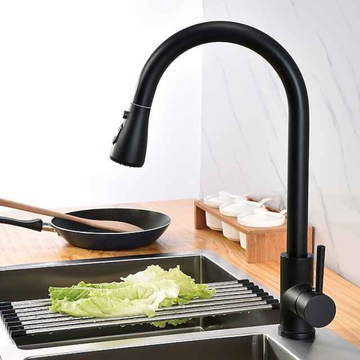 Kitchen Sink Mixer Faucet with Pull Out Sprayer Black, 360 Swivel Single Handle Kitchen Taps Deck Mounted, One Hole Brass Kitchen Sink Faucet Water Vessel Taps