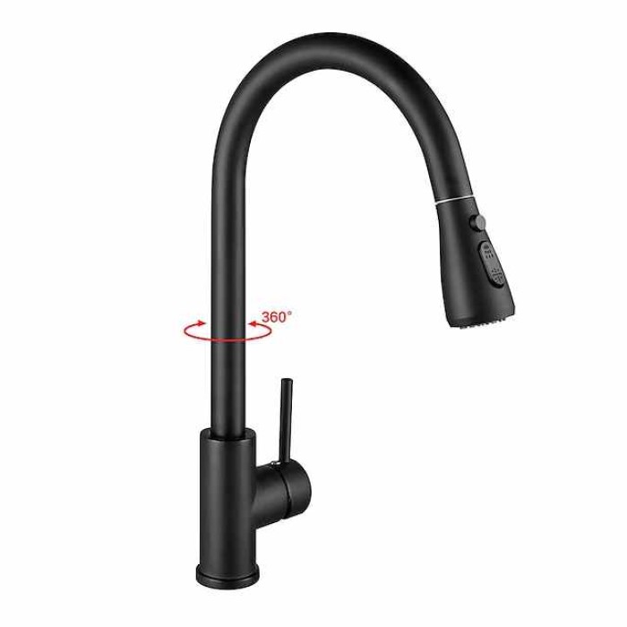 Kitchen Sink Mixer Faucet with Pull Out Sprayer Black, 360 Swivel Single Handle Kitchen Taps Deck Mounted, One Hole Brass Kitchen Sink Faucet Water Vessel Taps