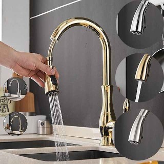 Kitchen Faucet with Sprayer Vessel Installation Nickel Brushed/Electroplated One Hole Widespread Pull Out/High Arc, Brass Kitchen Faucet Contain with Cold and Hot Water