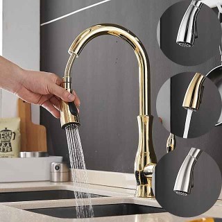 Kitchen Faucet with Sprayer Vessel Installation Nickel Brushed/Electroplated One Hole Widespread Pull Out/High Arc, Brass Kitchen Faucet Contain with Cold and Hot Water