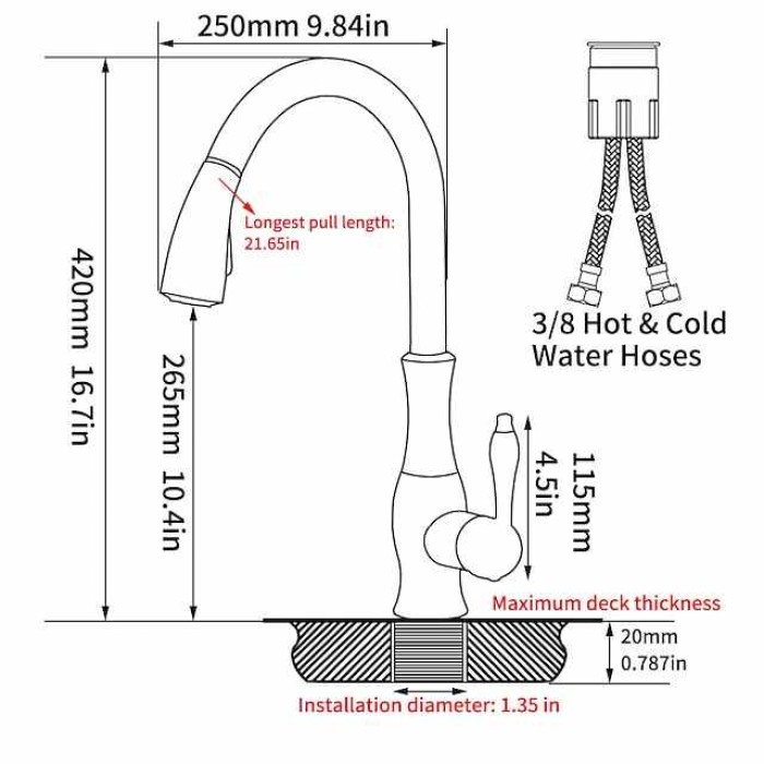 Kitchen Faucet with Sprayer Vessel Installation Nickel Brushed/Electroplated One Hole Widespread Pull Out/High Arc, Brass Kitchen Faucet Contain with Cold and Hot Water