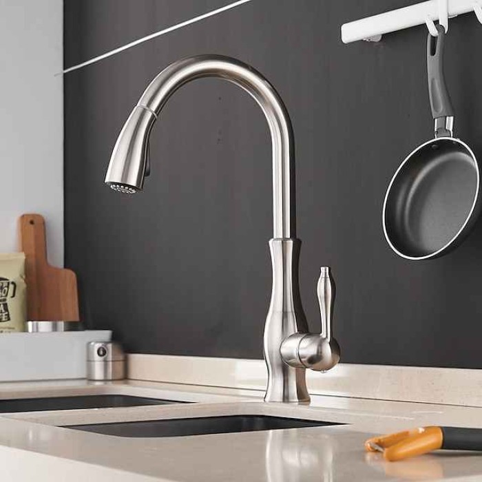 Kitchen Faucet with Sprayer Vessel Installation Nickel Brushed/Electroplated One Hole Widespread Pull Out/High Arc, Brass Kitchen Faucet Contain with Cold and Hot Water