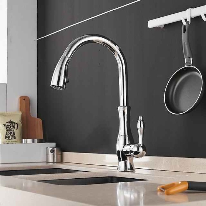 Kitchen Faucet with Sprayer Vessel Installation Nickel Brushed/Electroplated One Hole Widespread Pull Out/High Arc, Brass Kitchen Faucet Contain with Cold and Hot Water