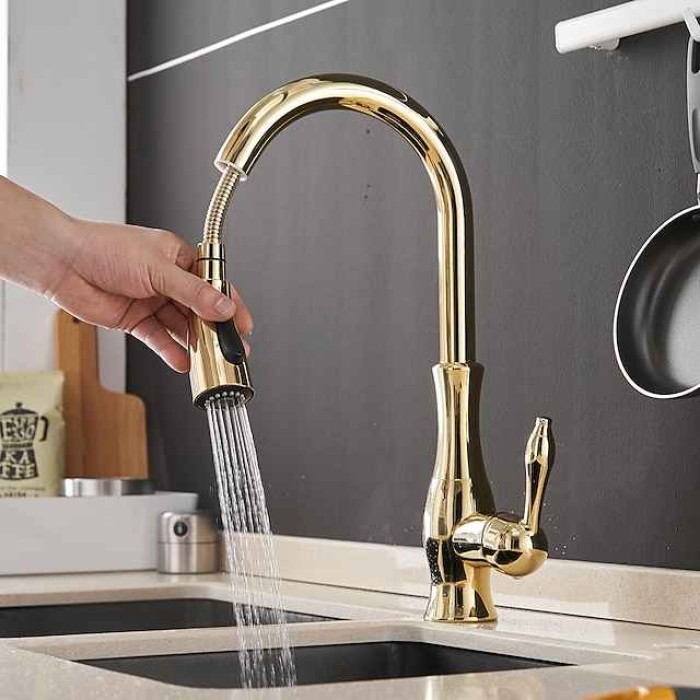 Kitchen Faucet with Sprayer Vessel Installation Nickel Brushed/Electroplated One Hole Widespread Pull Out/High Arc, Brass Kitchen Faucet Contain with Cold and Hot Water