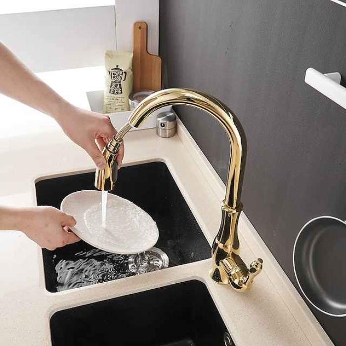 Kitchen Faucet with Sprayer Vessel Installation Nickel Brushed/Electroplated One Hole Widespread Pull Out/High Arc, Brass Kitchen Faucet Contain with Cold and Hot Water