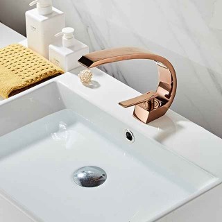 Brass Bathroom Sink Faucet Rose Gold Bend Shape Centerset Single Handle One Hole Faucet Set with Cold and Hot Water