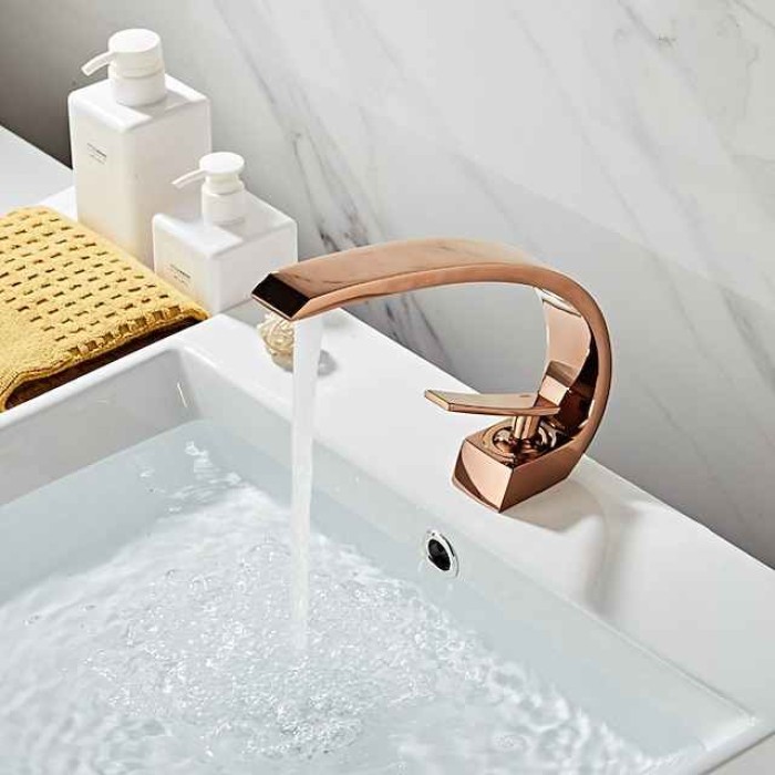 Brass Bathroom Sink Faucet Rose Gold Bend Shape Centerset Single Handle One Hole Faucet Set with Cold and Hot Water