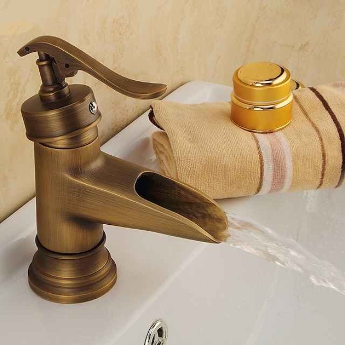 Bathroom Sink Faucet,Waterfall Antique Brass Single Handle One Hole Bath Taps with Hot and Cold Switch