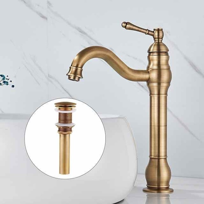 Bathroom Sink Mixer Faucet Antique Brass ORB, 360 Rotatable Basin Tap Single Handle Deck Mounted, Traditional Washroom Vessel Bath Taps