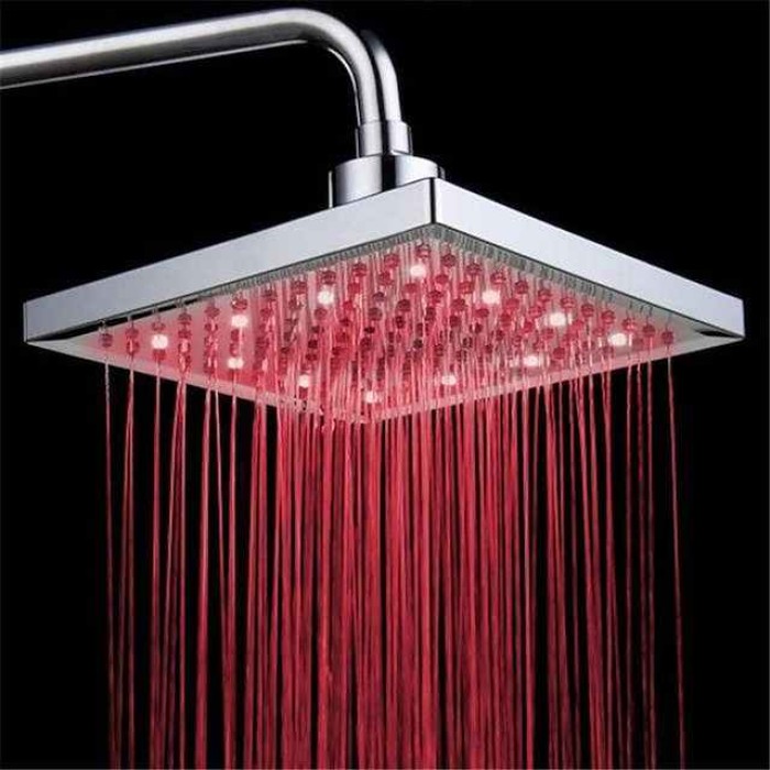 Square Multicolor Bathroom 1/3/7 Colors Automatic Changing Slowly Water Glow LED Light Rain Top Shower Head Electroplated and Ceiling Mounted