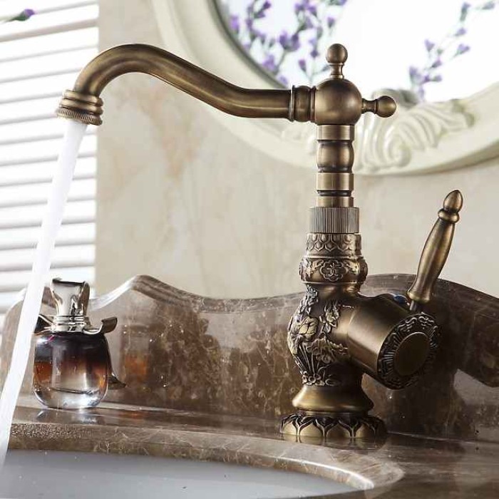 Antique Brass Bathroom Sink Mixer Faucet, Vintage Kitchen Taps Single Handle One Hole, 360 Rotatable Retro Vessel Taps with Hot and Cold Hose