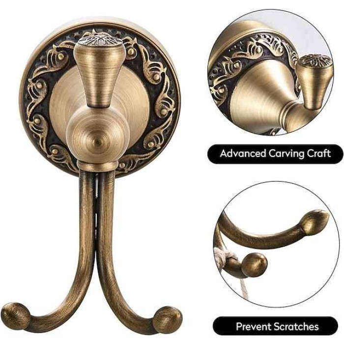 Robe Hook Antique Brass Retro Style Wall Mounted for Bathroom Double Hooks 1pc