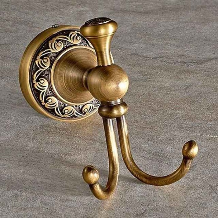 Robe Hook Antique Brass Retro Style Wall Mounted for Bathroom Double Hooks 1pc