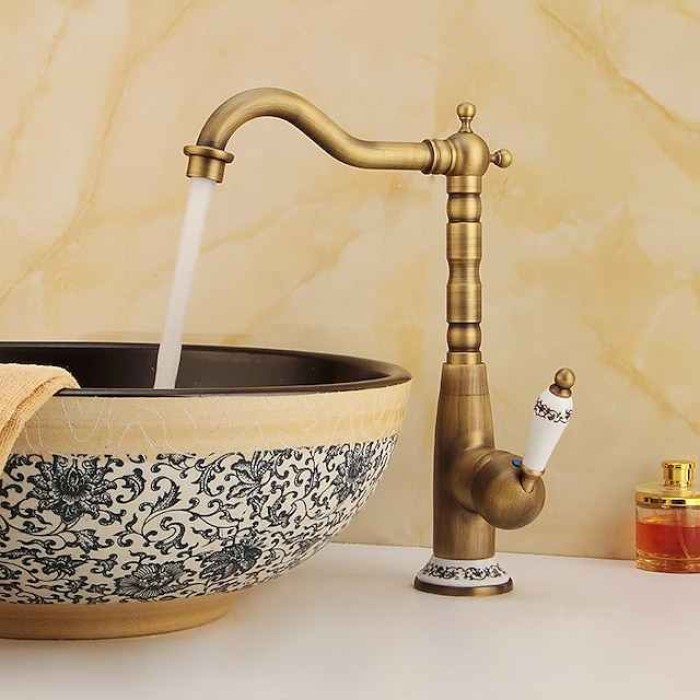 Antique Copper Kitchen Faucet,Golden/Black Single Handle One Hole Electroplated Standard Spout Centerset Antique Design Kitchen Taps with Hot and Cold Water Switch