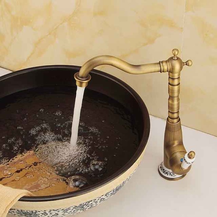 Antique Copper Kitchen Faucet,Golden/Black Single Handle One Hole Electroplated Standard Spout Centerset Antique Design Kitchen Taps with Hot and Cold Water Switch