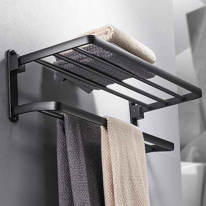 Perforation-free Space Aluminum Bathroom Shelf Foldable Towel Rack Wall mounted 2-tier Matte Black