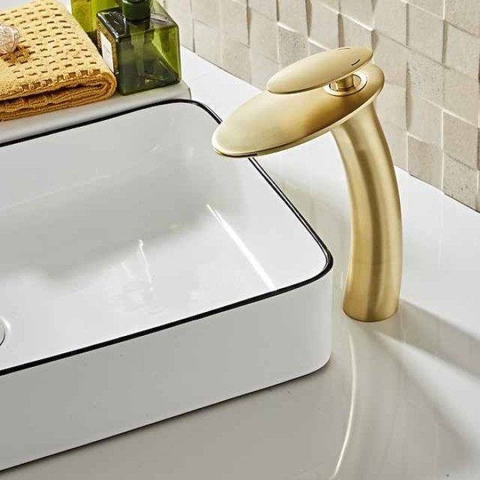 Waterfall Bathroom Sink Faucet with Supply Hose,Single Handle Single Hole Vessel Lavatory Faucet,Slanted Body Basin Mixer Tap Tall Body Commercial