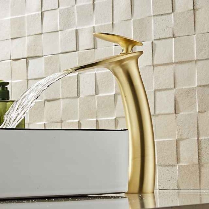 Waterfall Bathroom Sink Faucet with Supply Hose,Single Handle Single Hole Vessel Lavatory Faucet,Slanted Body Basin Mixer Tap Tall Body Commercial