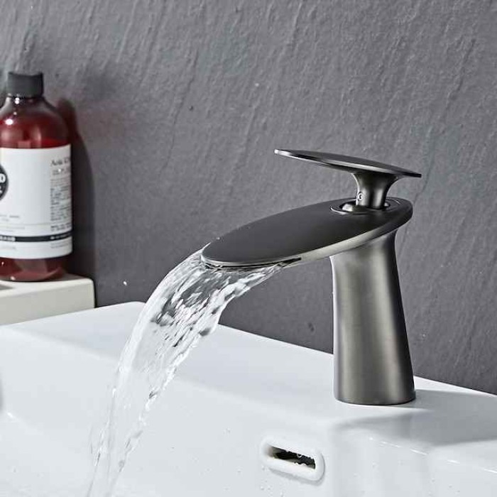 Waterfall Bathroom Sink Mixer Faucet, Monobloc Washroom Basin Taps Single Handle One Hole Deck Mounted with Hot and Cold Water Hose