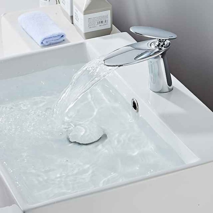 Waterfall Bathroom Sink Mixer Faucet, Monobloc Washroom Basin Taps Single Handle One Hole Deck Mounted with Hot and Cold Water Hose