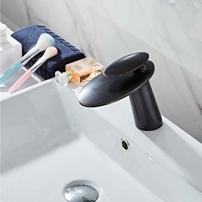 Waterfall Bathroom Sink Mixer Faucet, Monobloc Washroom Basin Taps Single Handle One Hole Deck Mounted with Hot and Cold Water Hose