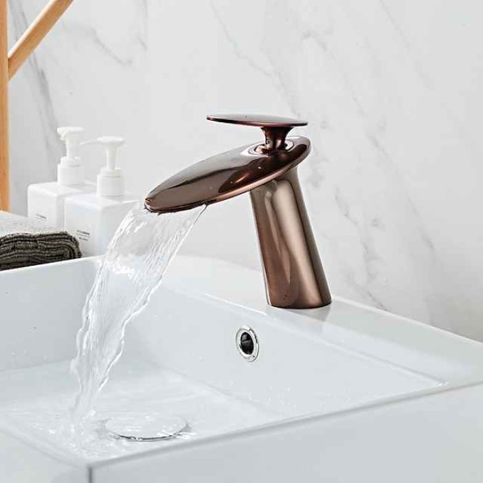 Waterfall Bathroom Sink Mixer Faucet, Monobloc Washroom Basin Taps Single Handle One Hole Deck Mounted with Hot and Cold Water Hose