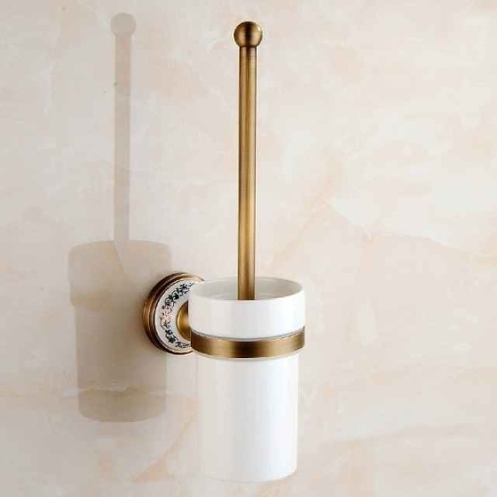 Toilet Brush with Holder,Antique Brass Ceramics Wall Mounted Rubber Painted Toilet Bowl Brush and Holder for Bathroom