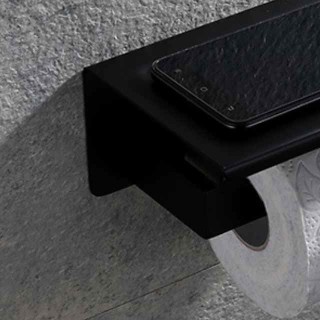 Toilet Paper Holder Wall Mounted Bathroom Tissue Roll Hanger Stainless Steel with Mobile Phone Storage Shelf Matte Black 1pc