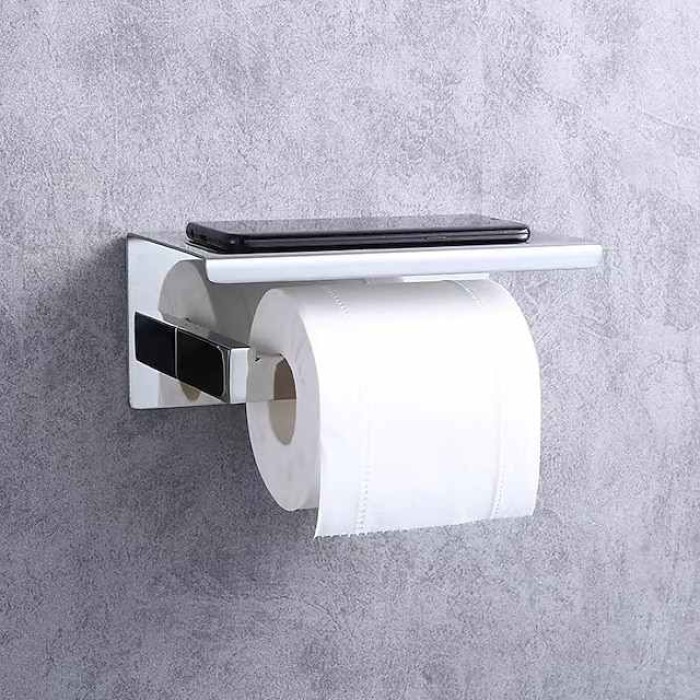 Toilet Paper Holder Wall Mounted Bathroom Tissue Roll Hanger Stainless Steel with Mobile Phone Storage Shelf Matte Black 1pc