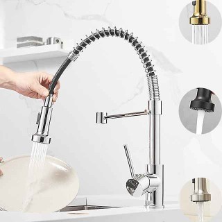 Kitchen Sink Mixer Faucet with Pull Out Sprayer, 360 swivel High Arc Single Handle Spring Pull Down Kitchen Taps Deck Mounted, One Hole Brass Kitchen Sink Faucet Water Vessel Taps