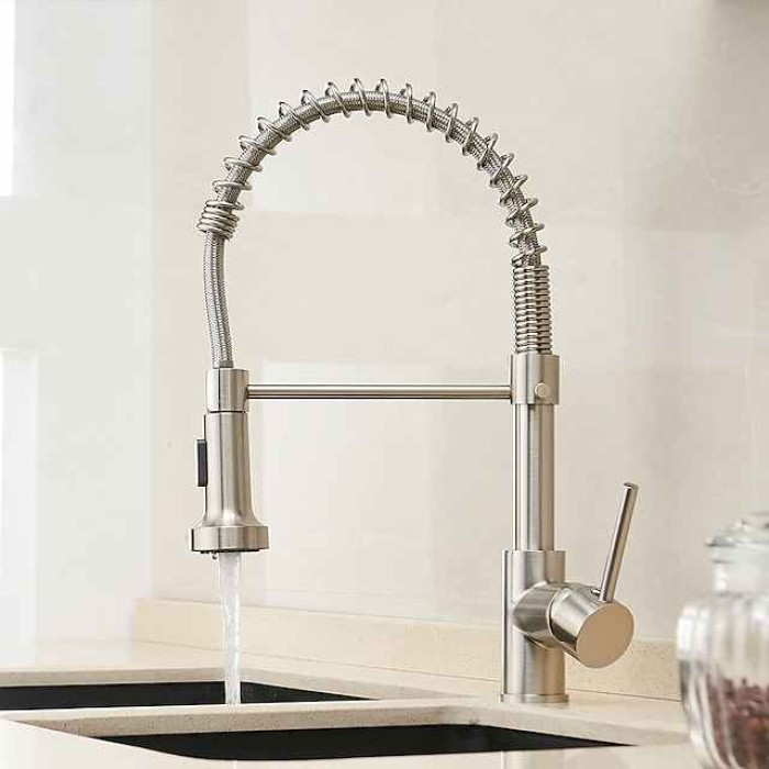 Kitchen Sink Mixer Faucet with Pull Out Sprayer, 360 swivel High Arc Single Handle Spring Pull Down Kitchen Taps Deck Mounted, One Hole Brass Kitchen Sink Faucet Water Vessel Taps