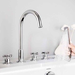 Bathtub Faucet 5 Hole Bathroom Tub Taps Deck Mounted, 3 Handle Sink Mixer Hot and Cold Bathroom Shower Faucets with Handshower Handheld Tap