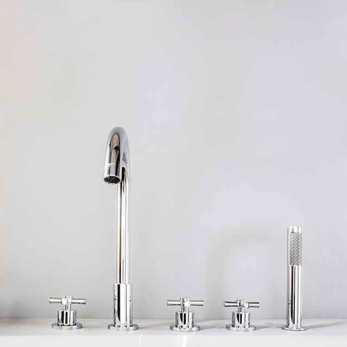 Bathtub Faucet 5 Hole Bathroom Tub Taps Deck Mounted, 3 Handle Sink Mixer Hot and Cold Bathroom Shower Faucets with Handshower Handheld Tap