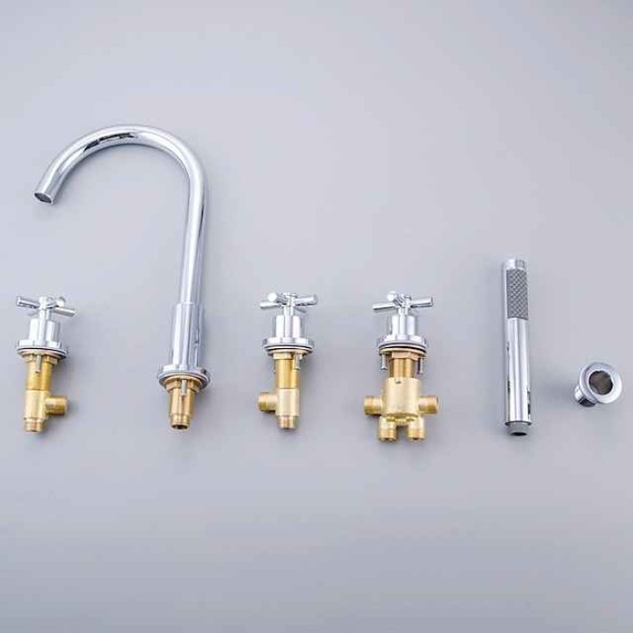 Bathtub Faucet 5 Hole Bathroom Tub Taps Deck Mounted, 3 Handle Sink Mixer Hot and Cold Bathroom Shower Faucets with Handshower Handheld Tap