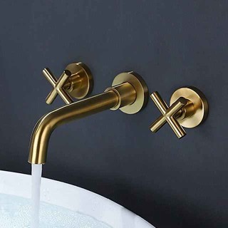 Wall Mount Bathroom Sink Mixer Faucet, Washroom Basin Brushed Gold Faucet Brass Basin Mixer Taps and Rough in Valve Included with Double Handle for Vessel Water Tap