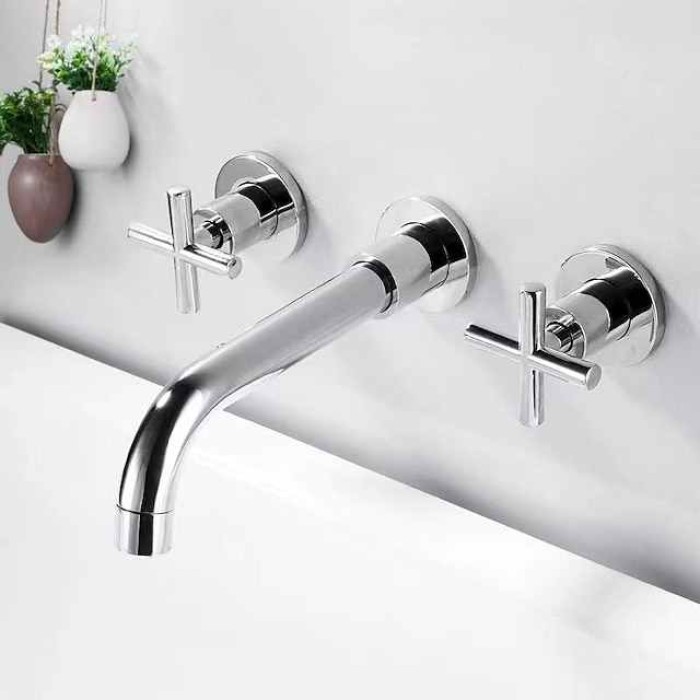 Wall Mount Bathroom Sink Mixer Faucet, Washroom Basin Brushed Gold Faucet Brass Basin Mixer Taps and Rough in Valve Included with Double Handle for Vessel Water Tap