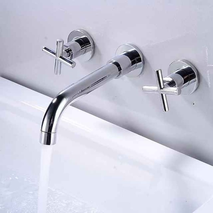 Wall Mount Bathroom Sink Mixer Faucet, Washroom Basin Brushed Gold Faucet Brass Basin Mixer Taps and Rough in Valve Included with Double Handle for Vessel Water Tap