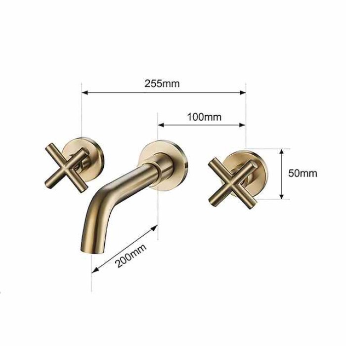 Wall Mount Bathroom Sink Mixer Faucet, Washroom Basin Brushed Gold Faucet Brass Basin Mixer Taps and Rough in Valve Included with Double Handle for Vessel Water Tap