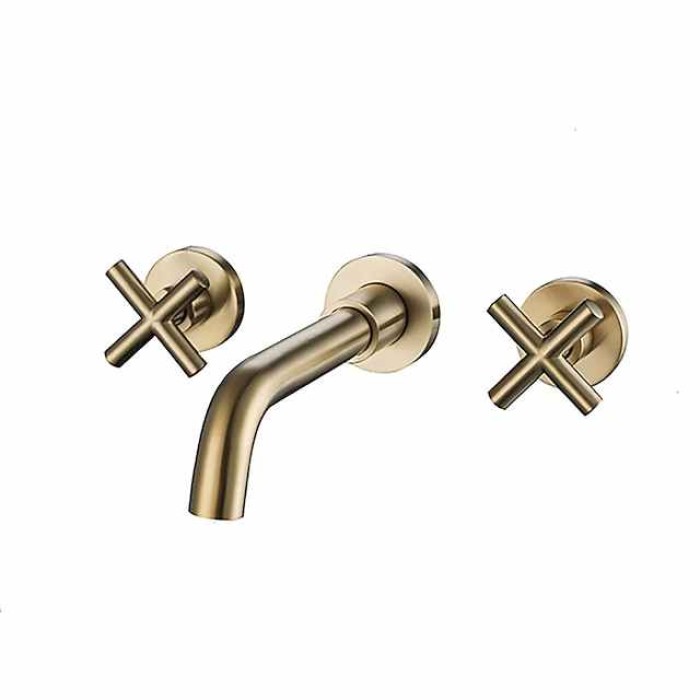 Wall Mount Bathroom Sink Mixer Faucet, Washroom Basin Brushed Gold Faucet Brass Basin Mixer Taps and Rough in Valve Included with Double Handle for Vessel Water Tap