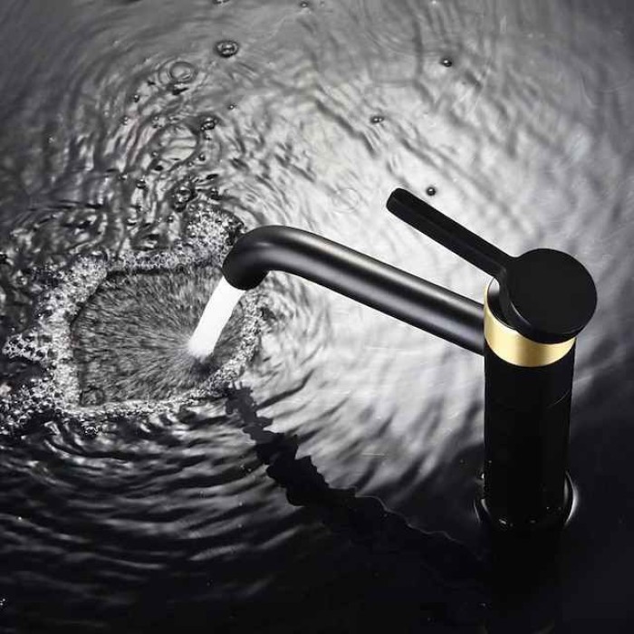 Bathroom Sink Mixer Faucet Tall, 360 Swivel Single Rotatable Handle Mono Basin Taps Deck Mounted, Washroom Monobloc Vessel Tap with Cold Hot Hose Chrome Golden Black