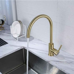 Kitchen Sink Mixer Faucet Brushed Gold Deck Mounted , 360 Swivel Single Handle Vessel Kitchen Brass Taps with Cold and Hot Water Hose