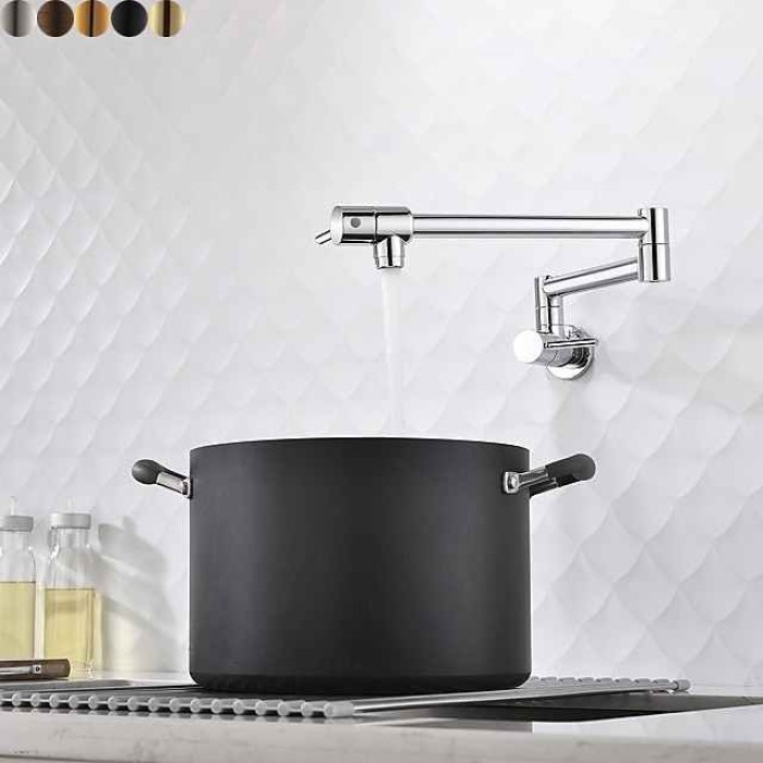 Kitchen Faucet,Wall Mounted Pot Filler Two Handles One Hole Chrome/Oil-rubbed Bronze/Nickel Brushed Foldable Pot Filler Wall Mounted Contemporary Kitchen Taps with Cold Water Only