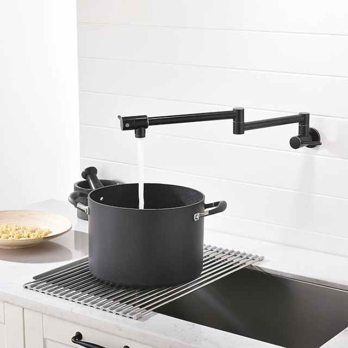 Kitchen Faucet,Wall Mounted Pot Filler Two Handles One Hole Chrome/Oil-rubbed Bronze/Nickel Brushed Foldable Pot Filler Wall Mounted Contemporary Kitchen Taps with Cold Water Only