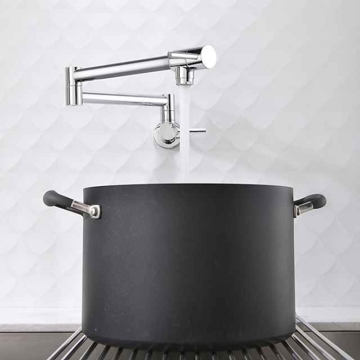 Kitchen Faucet,Wall Mounted Pot Filler Two Handles One Hole Chrome/Oil-rubbed Bronze/Nickel Brushed Foldable Pot Filler Wall Mounted Contemporary Kitchen Taps with Cold Water Only