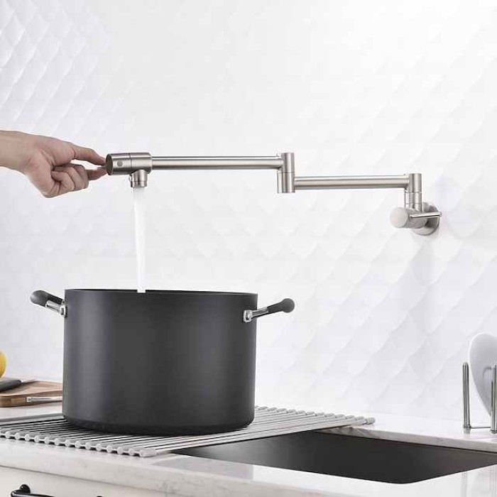 Kitchen Faucet,Wall Mounted Pot Filler Two Handles One Hole Chrome/Oil-rubbed Bronze/Nickel Brushed Foldable Pot Filler Wall Mounted Contemporary Kitchen Taps with Cold Water Only