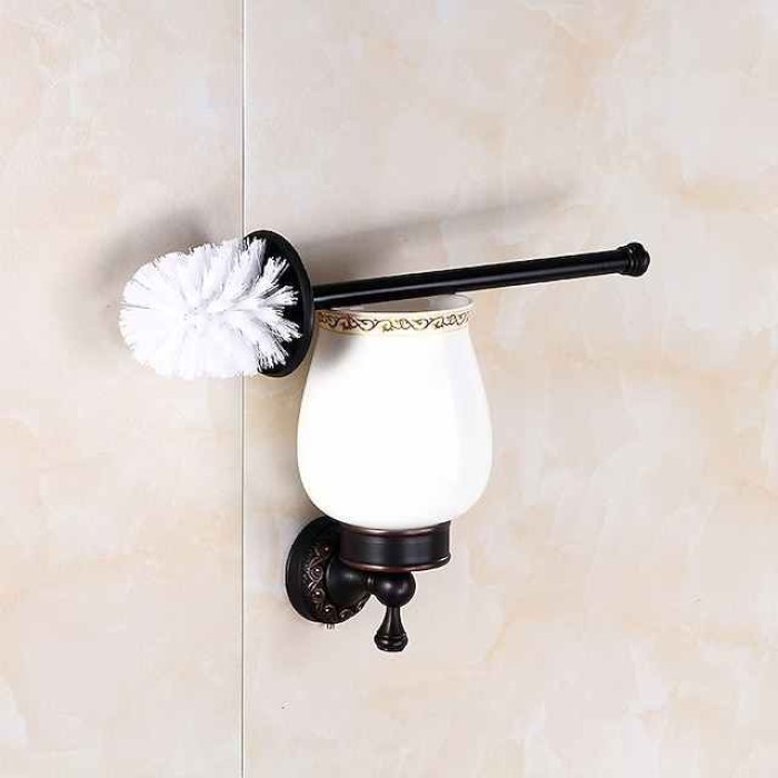 Toilet Brush with Holder,Antique Brass Ceramics  Wall Mounted Rubber Painted Toilet Bowl Brush and Holder for Bathroom