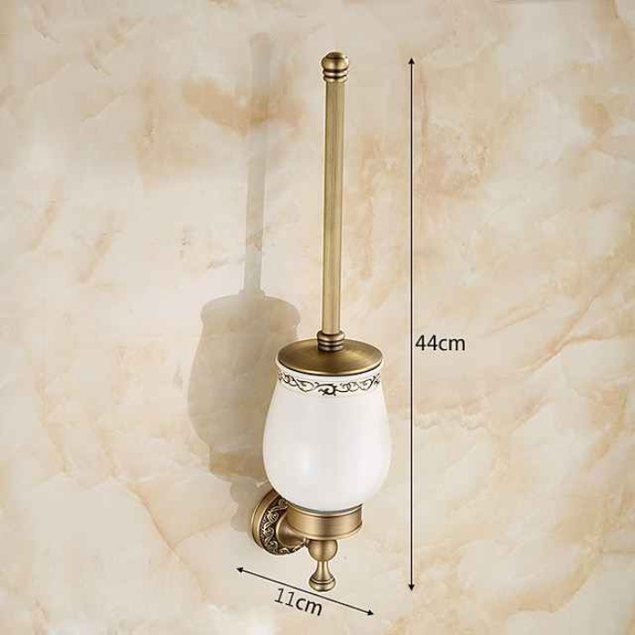 Toilet Brush with Holder,Antique Brass Ceramics  Wall Mounted Rubber Painted Toilet Bowl Brush and Holder for Bathroom