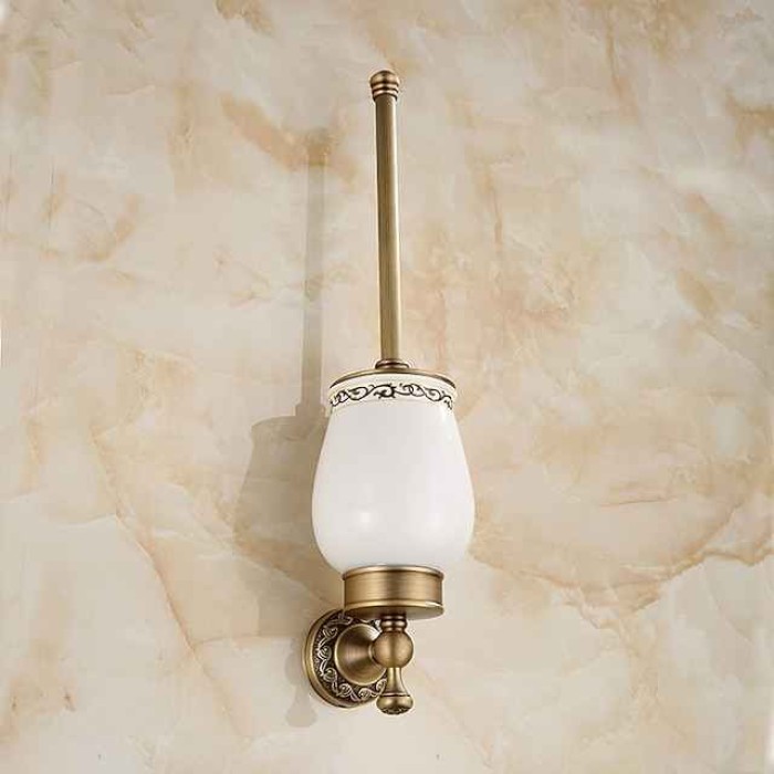 Toilet Brush with Holder,Antique Brass Ceramics  Wall Mounted Rubber Painted Toilet Bowl Brush and Holder for Bathroom