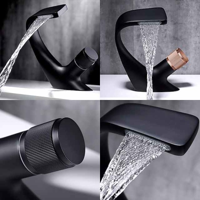 Bathroom Sink Faucet, Brass Waterfall Mixer Basin Taps Chrome Finish Single Handle One Hole Bath Tap with Hot and Cold Hose